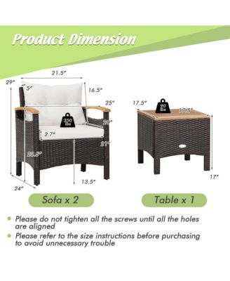 3PCS Patio Rattan Furniture Set Wooden Armrest Table Top Cushioned Deck