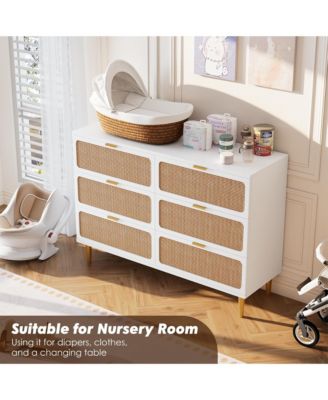 6 Drawer Dresser for Bedroom, Large Modern Double Dresser with Wide Top, Rattan Chest of Drawers with Deep Drawers for Living Room Hallway