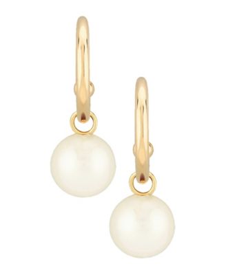 Pearl (6 mm) Drop Hoop Earrings Set in 14k Yellow Gold