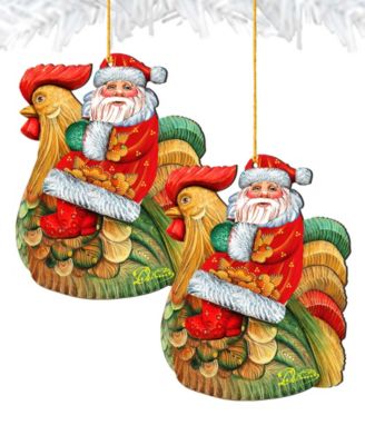 Santa Rooster Wooden Christmas Ornament, Set of 2