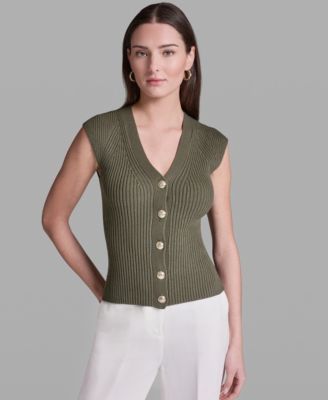 Women's Short-Sleeve V-Neck Button-Front Top