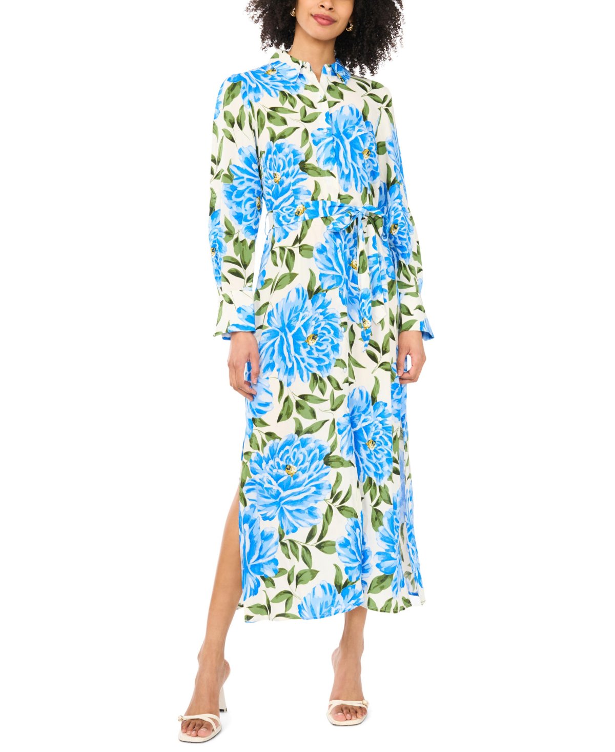 Women's Floral Collared Long-Sleeve Maxi Dress