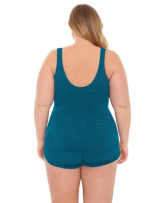 Plus Size Chlorine Resistant Shirred Front Girl Leg One-Piece Swimsuit