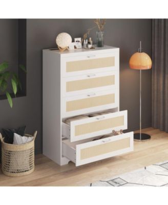 Rattan 6 Drawer Dresser Natural Wood Deep Storage Metal Handles for Bedroom and Living Room