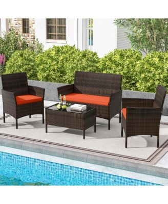 4 Pc. Patio Furniture Set with Washable Cushions and Tempered Glass Coffee Table