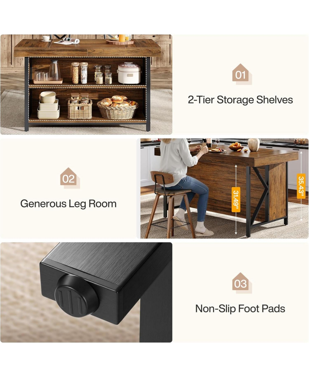 Tribesigns 55" Wood & Metal 3-Tier Storage Feature Kitchen Island Table