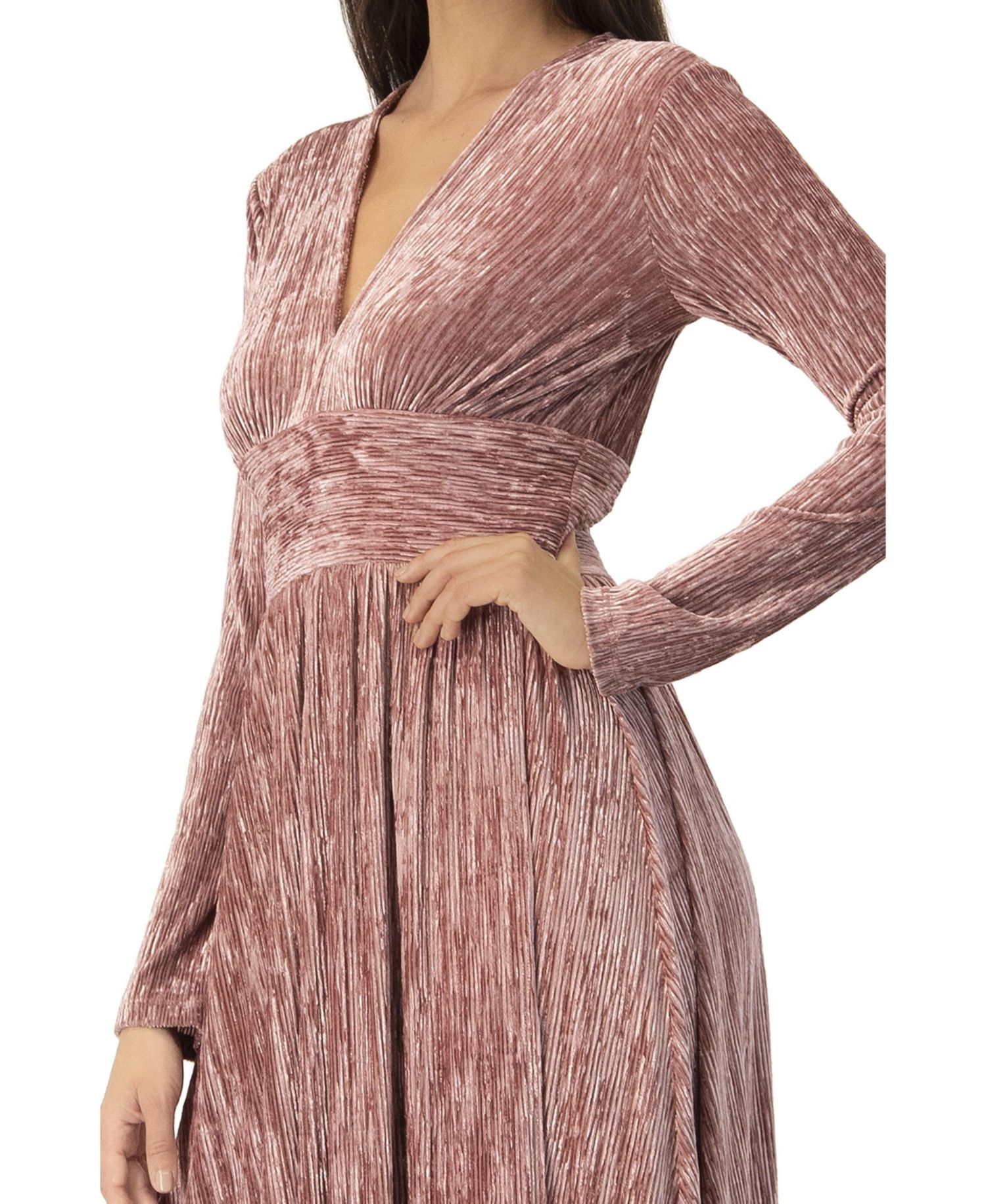 Women's Long Velvet Pleated V-Neck Dress