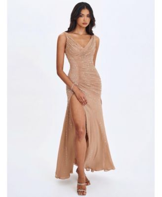 Women's Viveca Apricot Crystal-Embellished Asymmetrical Ruched Maxi Dress