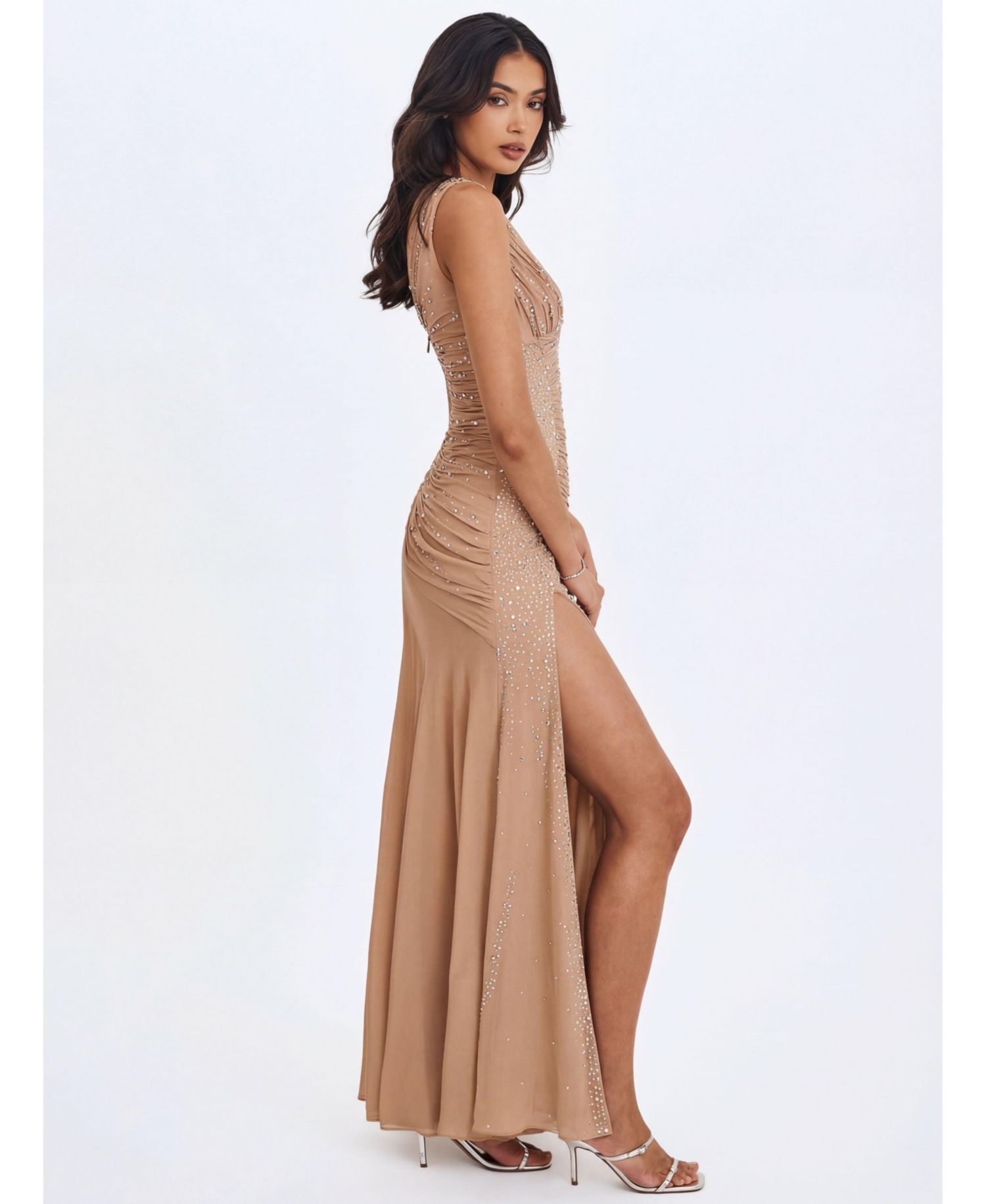 Women's Viveca Apricot Crystal-Embellished Asymmetrical Ruched Maxi Dress