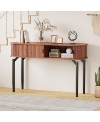 47" Narrow Console Table with Fluted Sliding Doors and Storage Space