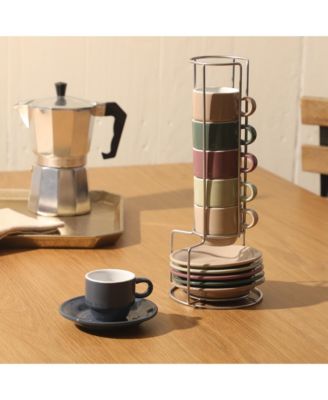 Gibson Elite Sensations 13 Piece Espresso Cup Set with Metal Rack, Stoneware Espresso Cups & Saucers, Stackable Coffee Set, Cafe Style