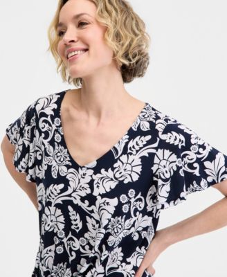 JM Collection Women's Printed Short-Sleeve V-Neck Twist-Front Top