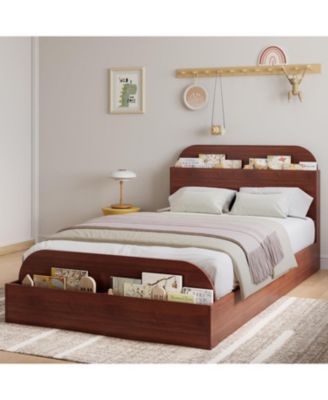 Twin XL Bed Frame with Storage Headboard and Raised Footboard Low Platform Wood Slats No Box Spring Espresso