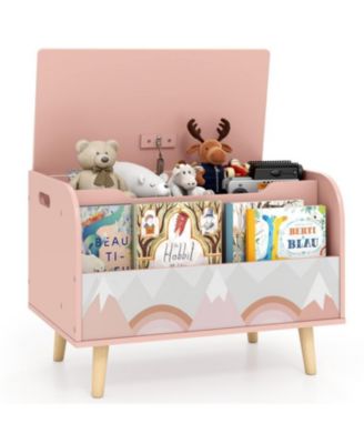 Kids Wooden Toy Box with Front Bookshelf and Solid Wood Legs