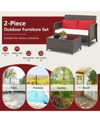 2PCS Patio PE Wicker Rattan Loveseat Sofa Set w/ Coffee Table and Cushions