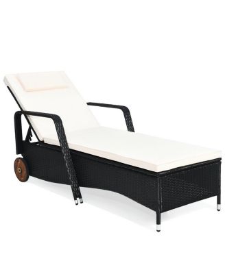 Reclining Outdoor Rattan Lounge Chair with Adjustable Back and Wheels