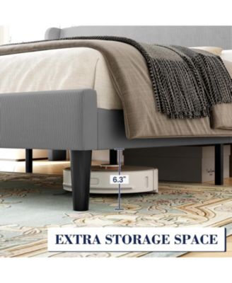 King Bed Frame Wingback Headboard Vertical Stripe Velvet 2 Storage Pockets Wood Slats Easy Assembly Light Grey