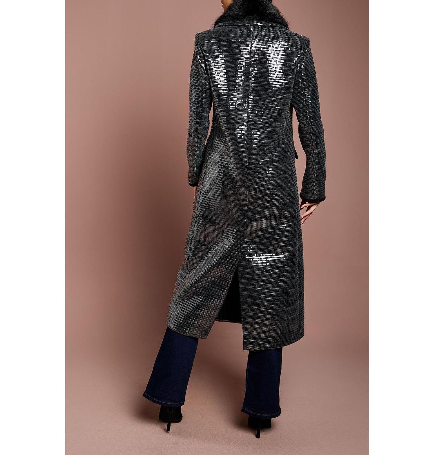 Women's Faux Fur Collar Sequin Longline Coat