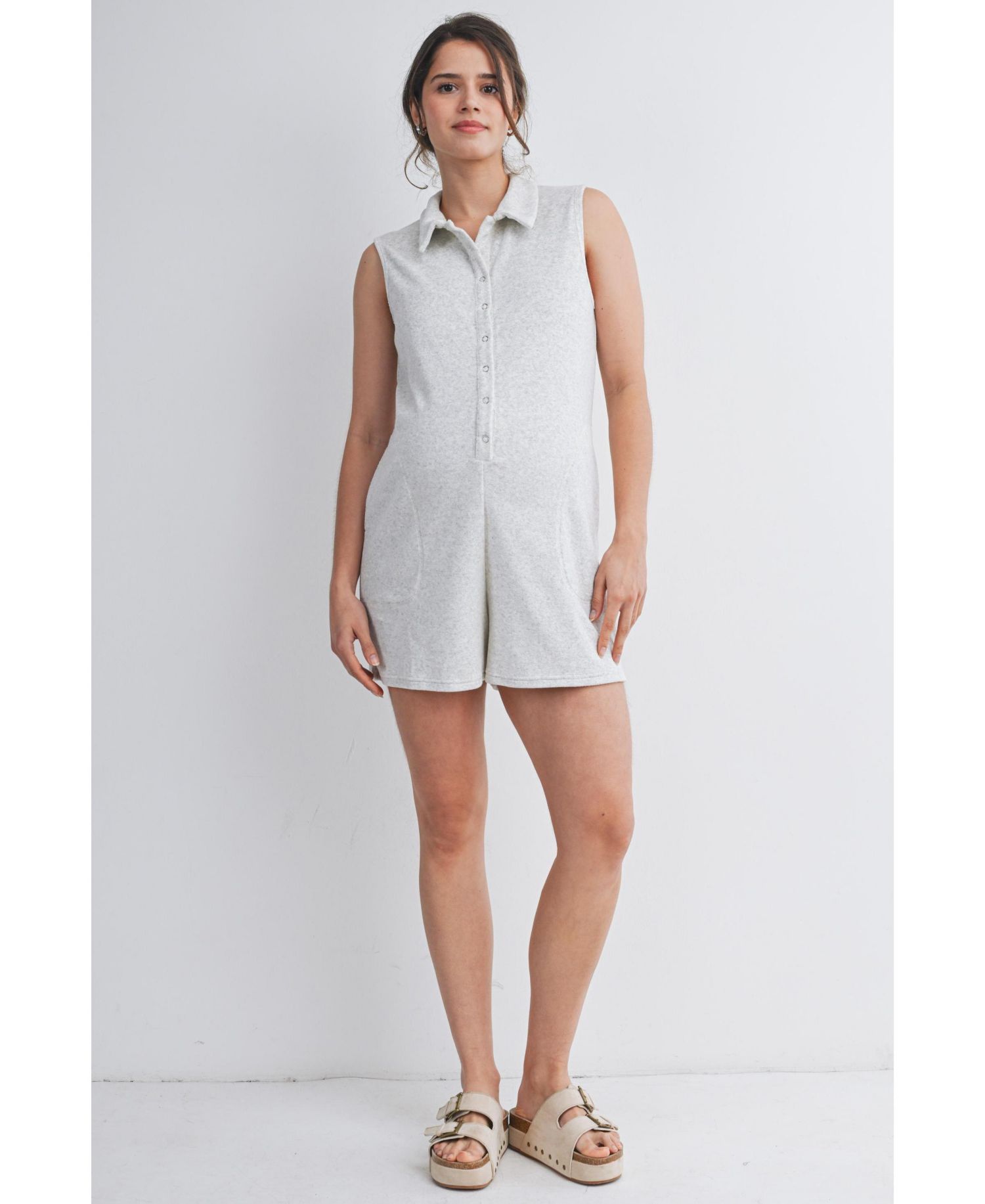Maternity Sleeveless Button-Front Nursing Romper with Pockets