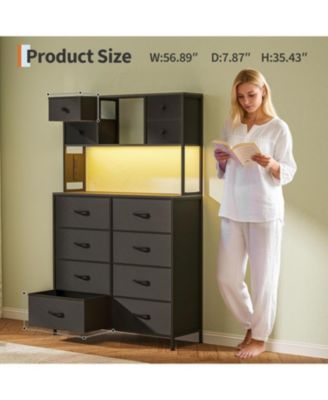 12-Drawer Dresser with Power Outlet & Open Shelves - LED Light Wood Top Metal Frame Fabric Dresser for Bedroom, Hallway