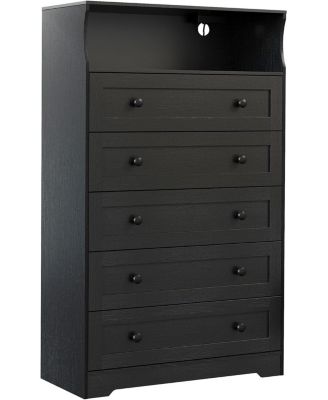 4 Drawer Wood Nightstand with LED Lights & Charging Station, Bedside Chest for Bedroom, Closet, Hallway