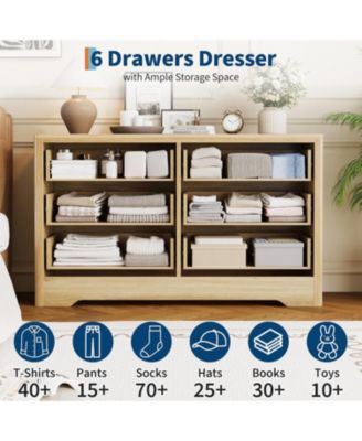 Rattan 6-Drawer Dresser for Bedroom, Wide Wooden Chest with Large Storage.