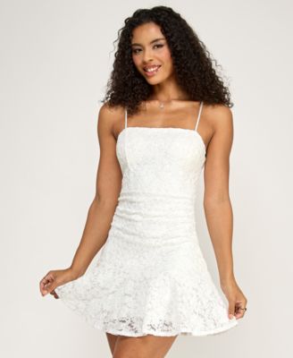 Juniors' Sequin Lace-Up Back Square Neck Short Dress