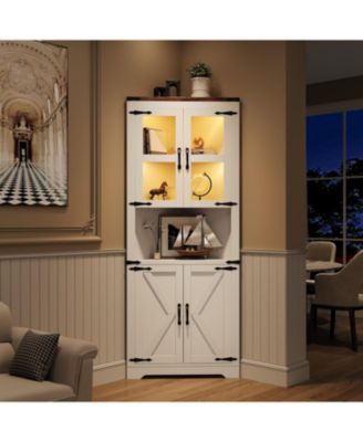 Tall Corner Cabinet with Glass Door and Adjustable Shelves Farmhouse Hutch