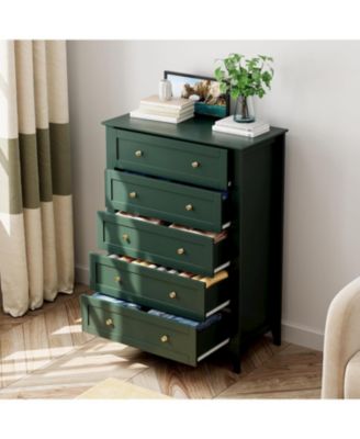 Green 5 Drawer Dresser for Bedroom, Tall Dresser with Deep Drawers & Metal Knobs, Modern Wooden Chests of Drawers for Entryway