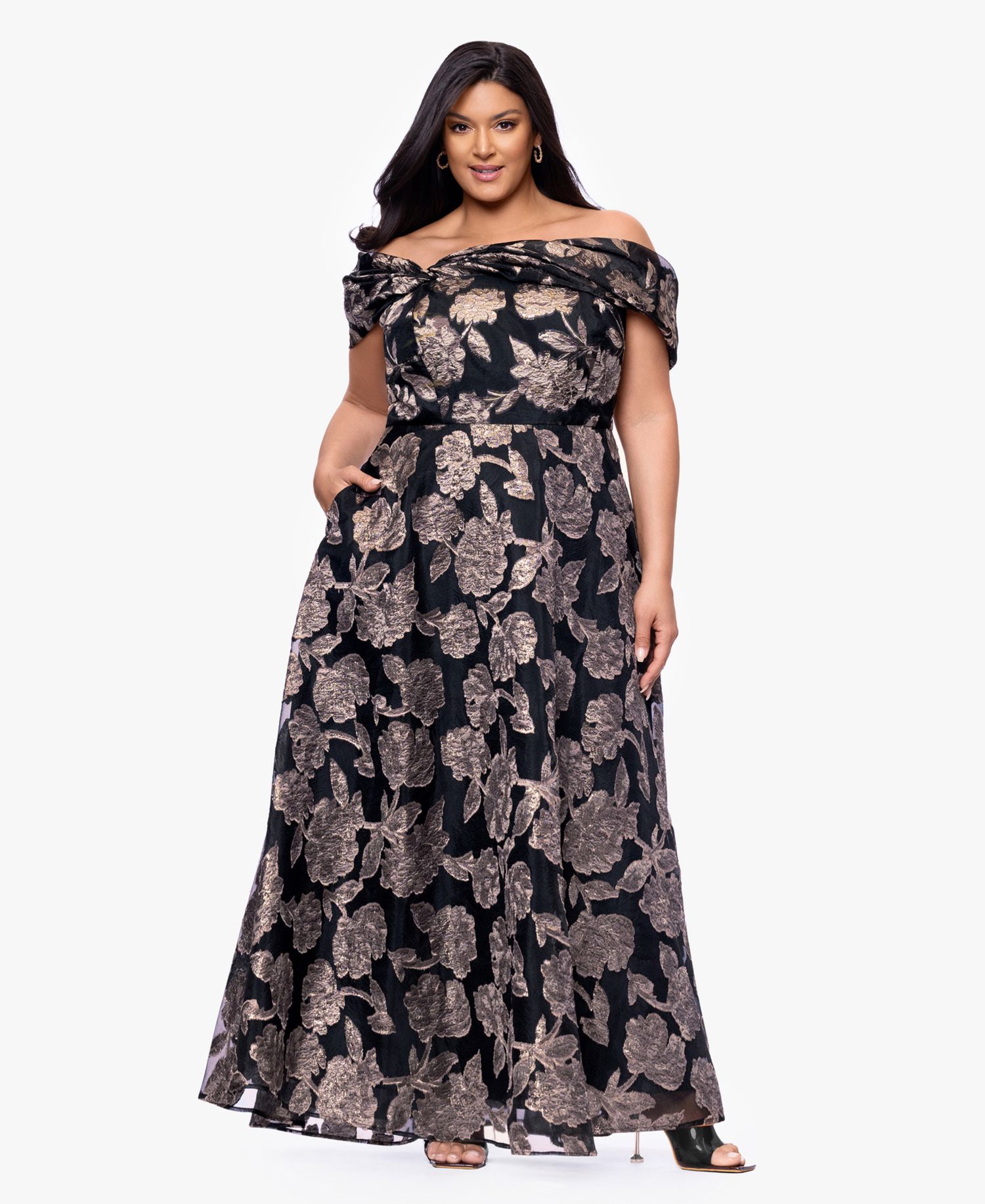 Plus Size Printed Off-The-Shoulder Ball Gown