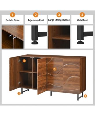 59" Modern Solid Wood Sideboard with Wave Relief & Iron Legs