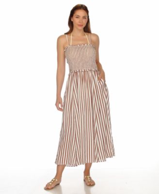 Women's Striped Smocked Midi Swim Dress