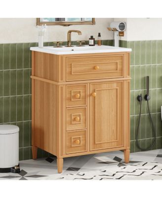 24" Freestanding Bathroom Vanity with Ceramic Sink, Solid Wood & MDF, Soft-Close Drawers, Flip-Out Storage for Modern Bathrooms