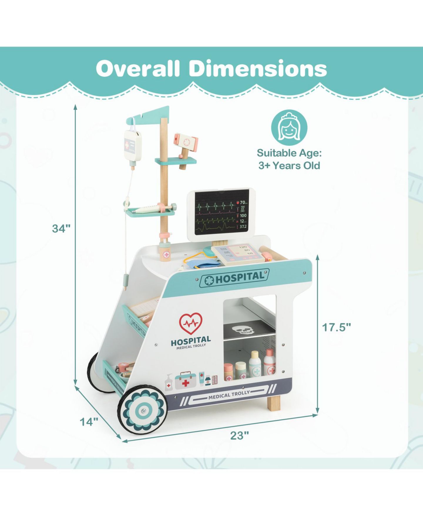 Детский игровой набор Slickblue Doctor Wooden Cart Playset, 1-Piece, Ages 3+, цвет: Зелёный / Белый — фото 4