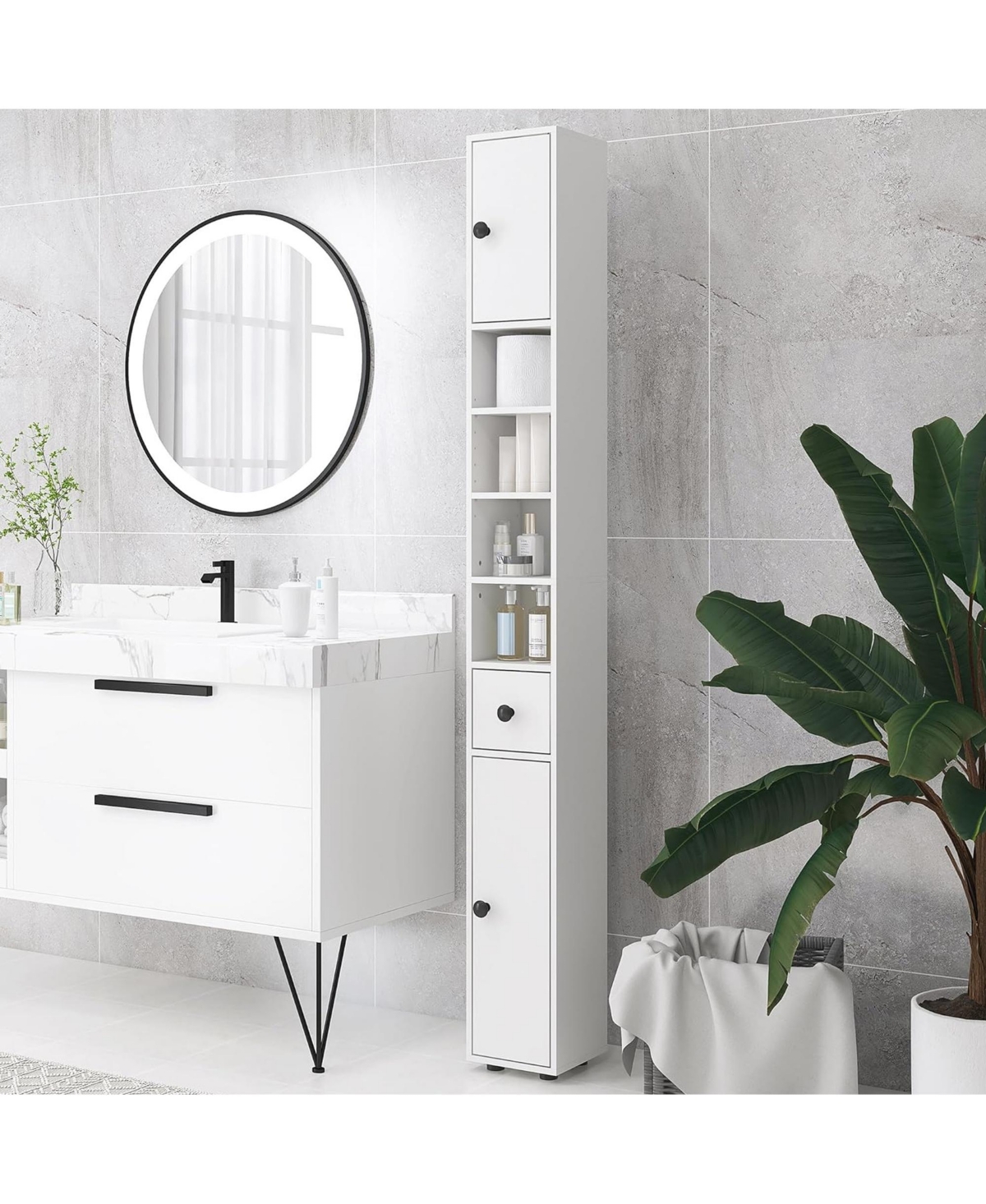 Rainsken Tall Slim Bathroom Storage Cabinet, 71" Freestanding Corner Cabinet with Four Open Shelves, Two 2-Tier Cabinets and 1 Drawer for Small S