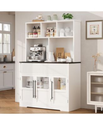 60'' Kitchen Pantry Cabinet, Tall Pantry Cabinet with Glass Doors, Large Kitchen Hutch with Storage Drawers, Farmhouse Kitchen Cabinet