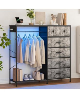 Dresser with Hanging Rack, Reversible 6 Drawers Dresser with Led Lights & Charging Station