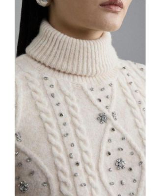 Women's Wool Blend Embellished Cable Knit Jumper