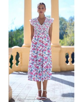 Women's Viscose Floral Ruched Waist Midi Dress