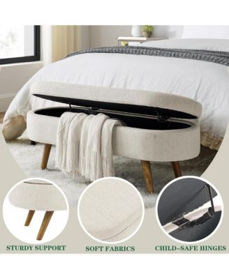 Oval Storage Ottoman Bench - Upholstered End of Bed Bench with Safety Hinge Flip Top and Solid Wood Legs for Bedroom (Beige)