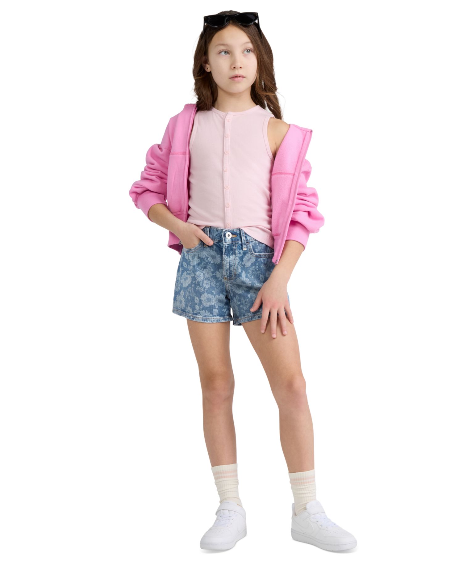 Girls’ High-Rise Relaxed Floral Denim Shorts