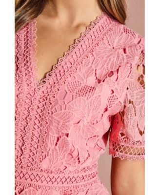 Women's V Neck Tiered Lace Midi Dress