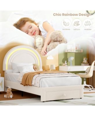 Twin LED Bed Frame with Storage Drawer, Rainbow Headboard, Fleece Princess Platform for Kids, Wood Slats, No Box Spring