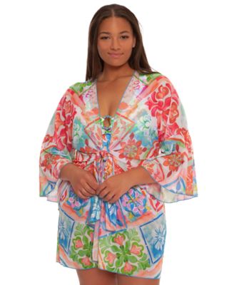 Plus Size Mijas Tie-Front Stretch Mesh V-Neck Cover-Up Tunic