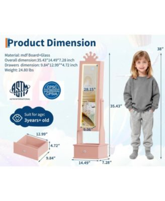 Kids Jewelry Armoire with Full-Length Mirror and LED Light, Child Jewelry Cabinet with 3 Storage Drawers
