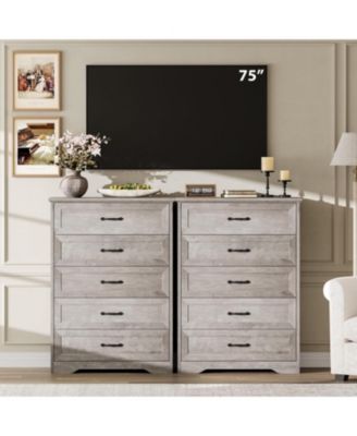 Farmhouse 5 Drawers Dresser for Bedroom,  Tall Chest of Drawer, Wooden Vertical Dresser with Metal Handles and Stable Base