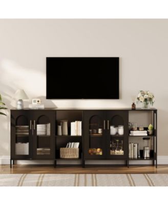 Sideboard Buffet Cabinet with Storage , Wooden Storage Cabinets with Glass Doors, Two Golden Metal Handles