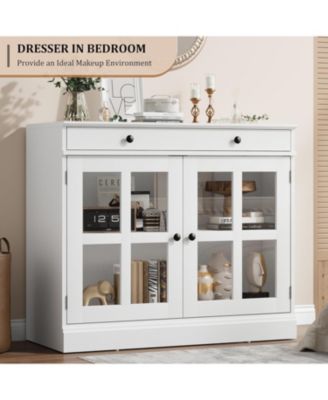 Modern Buffet Cabinet, Sideboard Storage with Glass Doors, Adjustable Shelf Large Drawer Cabinet, Dining Room Kitchen Entryway Cupboard