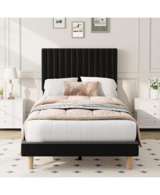 Twin Bed Frame with Adjustable Headboard, Velvet Upholstered Platform