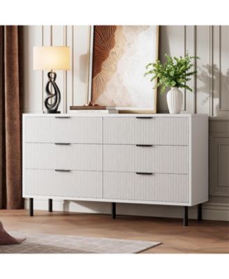 Fluted 6 Drawer Dresser Wide Wood Double Dresser with Metal Legs and Handles Modern Chest for Bedroom